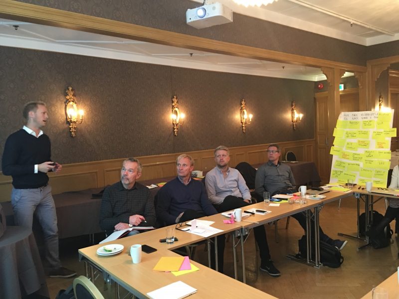 Strategiworkshop med styret i Næringsforeningen. F.v. Runar Brøvig, NIKR, Jan Willy Føreland, WSP Norge AS, Per Sigurd Sørensen, UiA, Fredrik Hodne, Lillemarkens AS, John Helge Austgulen, Voss water AS.